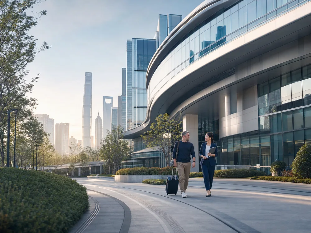 International patient arriving with a coordinator at a modern healthcare centre in China
